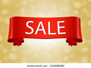 Vector illustration Red ribbon on a gold background with sparkles. Text sale
