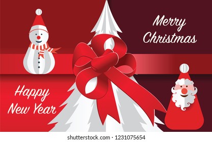 Vector and illustration of red ribbon on Christmas tree decorated with Santa Claus and Snow man. Origami Xmas concept in digital paper art style