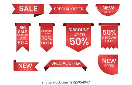 Ilustración vectorial de la colección de la etiqueta de promoción de la cinta roja. Conveniente para la insignia del descuento del comercio electrónico, el nuevo Anuncio de la oferta, y el elemento de la etiqueta engomada del descuento
