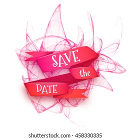 Vector illustration of red ribbon with Save The Date title.