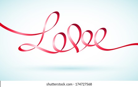 Vector illustration of a red ribbon is a shape of the word love with a heart 