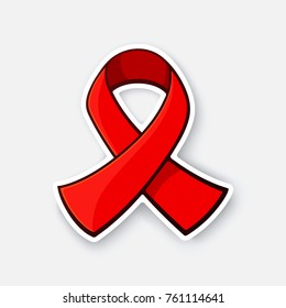 Vector illustration. Red ribbon, symbol of world AIDS awareness Day. Sticker in cartoon style with contour. Isolated on white background