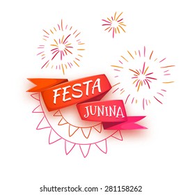 Vector Illustration Of Red Ribbon With Title For Brazil June Party.