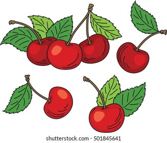 Vector illustration of red ripe cherries with green leaves isolated on white background.