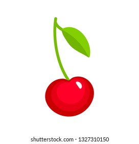 Vector illustration of red ripe cherry with stem & leaves. Flat icon set of organic fresh berry. Natural vegetarian food. Isolated object on white background 
