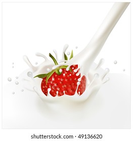 Vector illustration. Red ripe  strawberry falling into the milky splash.