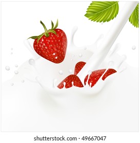 Vector illustration. Red ripe  strawberry falling into the milky splash.