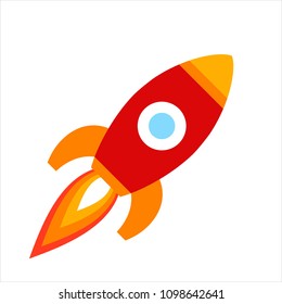 Vector Illustration: Red Rocket Ship Flat Icon Fly From Left To Right Isolated On White Background. Project Start Up And Development Process. Innovation Product And Management.
