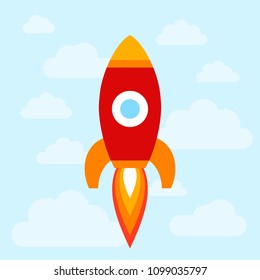 Vector illustration: red rocket ship flat icon fly from left to un direction isolated on light blue background with clouds. Project start up and development process. Innovation product and management.