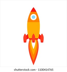 Vector Illustration: Red Rocket Ship Flat Icon Fly With Flame Isolated On White Background. Project Start Up And Development Process. Innovation Product And Management.