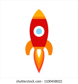 Vector Illustration: Red Rocket Ship Flat Icon Fly With Flame Isolated On White Background. Project Start Up And Development Process. Innovation Product And Management.