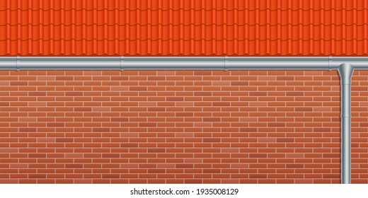 Vector illustration of red roof tile, metal rain gutter and brown brick wall. Realistic corrugated roof texture, drainage system and dark brick wall background. House facade background with copyspace.