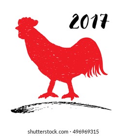 Vector illustration of a red rooster or cock silhouette, symbol of Chinese new year 2017