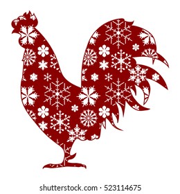 vector illustration of red rooster and snowflake on white background