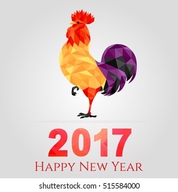 Vector illustration of red rooster, symbol of New Year 2017 on the Chinese calendar. Cock silhouette decorated with geometric shapes. Happy New Year background, card, banner, poster