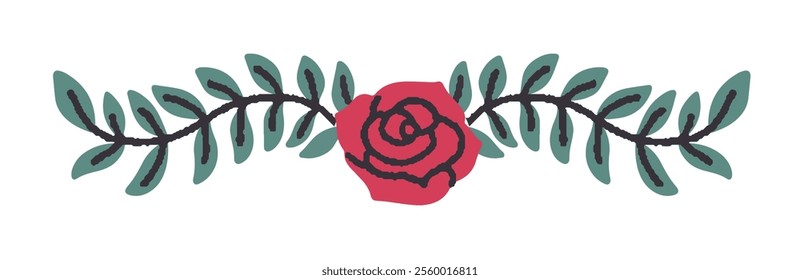 A vector illustration of a red rose with buds and green branches in a decorative style, isolated on a white background. Perfect for invitations, prints, and floral designs.