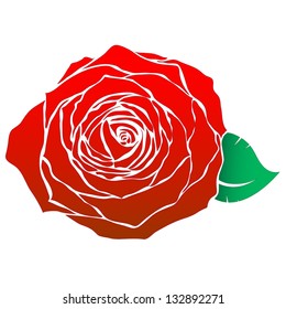 Vector illustration of red rose head with one leaf isolated on white.