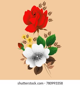 Vector illustration of red rose with leaves and white flower.