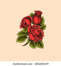 Vector illustration of red rose in tattoo style