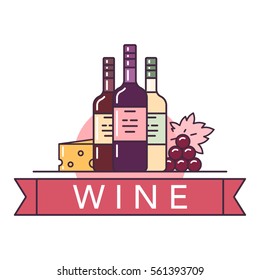 Vector illustration of the red, rose and white wine bottles with cheese and grapes on white background with lettering. Alcohol drinks and beverages topic.
