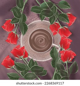 Vector illustration with red roses and coffee for cards, prints, posters. 