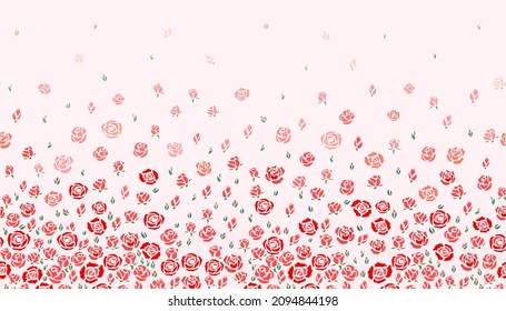 Vector illustration of red roses and green leaves seamless pattern on pink background design for greeting card, Valentine’s Day, invitation card for the wedding