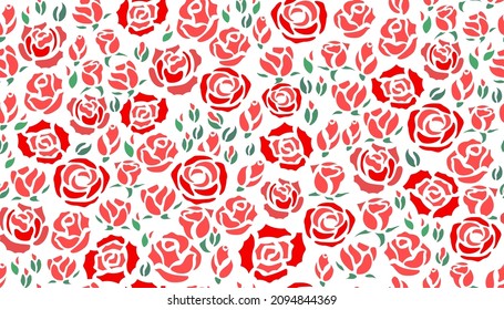Vector illustration of red roses and green leaves seamless pattern on white background design for greeting card, Valentine’s Day, invitation card for the wedding