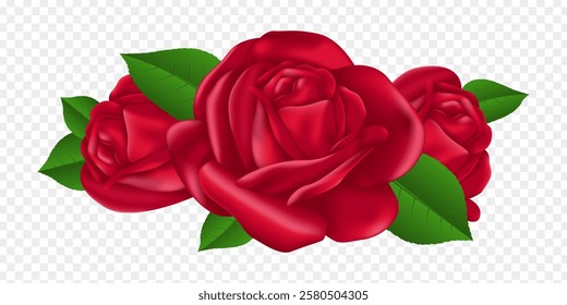 Vector illustration of red roses with green leaves on transparent background