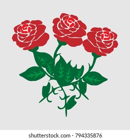 Vector illustration of red roses with leaves isolated on a white background.