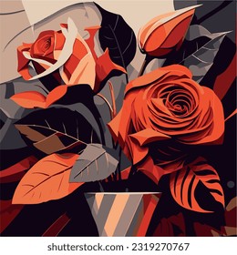 Vector illustration red roses poly, abstract art, wall painting
