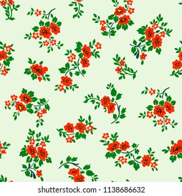 Vector illustration of red roses seamless pattern. Red roses, green leaves on light background. Hand drawn.