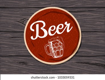 Vector illustration of a red round beer coaster on a rough oak wooden table.