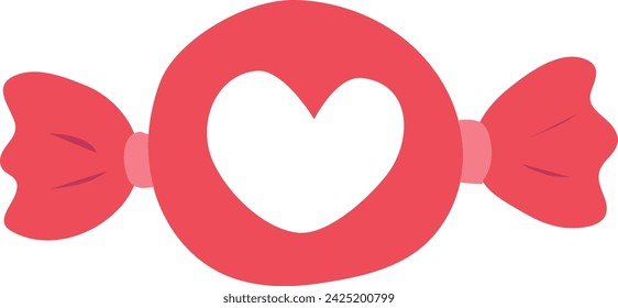 A vector illustration of a red round candy with a large lovely heart drawn on it and cutely tied and wrinkled on both sides.
