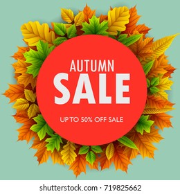 Vector illustration of Red round frame with autumn leaves sales