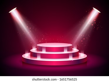 Vector illustration red round podium on bright background. Empty pedestal for award ceremony. Platform illuminated by spotlights.