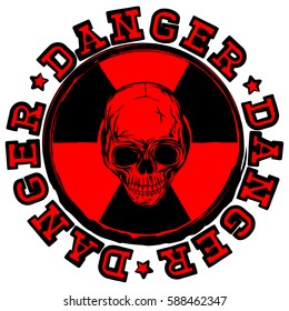Vector illustration red round stamp with radioactivity sign and lettering danger. In center of radiation symbol abstract grunge skull