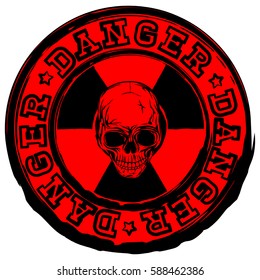 Vector illustration red round stamp with radioactivity sign and lettering in circle danger. In center of radiation symbol abstract grunge skull