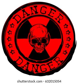 Vector illustration red round stamp with radioactivity sign and lettering danger. In center of radiation symbol abstract skull