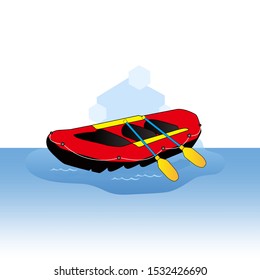 Vector illustration of a red rubber boat for rafting along with plastic paddles from a perspective perspective in detail and realism. With a white background, isolated.