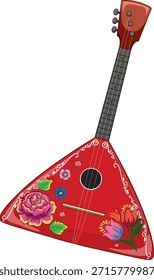 Ilustración vectorial de una balalaika rusa roja decorada con coloridos patrones florales, líneas limpias y un fondo blanco en estilo de dibujos animados planos