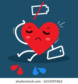 Vector illustration of red sad heart character with low battery smart phone on dark background. Flat style design for Valentine's Day greeting card, web, site, banner, poster, sticker