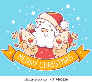 Vector illustration of red santa claus and two reindeers with ribbon on blue background. Hand draw line art design for poster,flyer,brochure,greeting card,web, banner,board,postcard and paper print