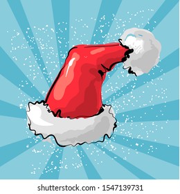 Vector illustration of red Santa s hat with light blue snow ray background