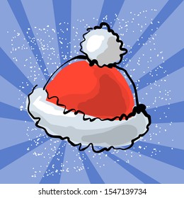 Vector illustration of red Santa s hat with snow ray background