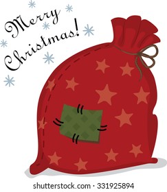 Vector illustration of red Santa's sack and sign "Merry Christmas". Isolated on white