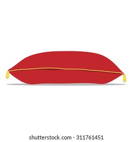 Vector illustration of red satin pillow with gold tassels. Red pillow for an award or gift. Velvet cushion.