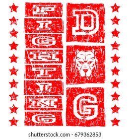 Vector illustration red scratched inscription fighting dog with head dog and stars. For t-shirt design.