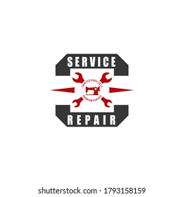 Vector illustration of red sewing machine silhouette and wrench decorated with square black frame isolated on white background suit for service and repair business logo