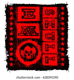 Vector illustration red shabby inscription emo skull with stars on black grunge background and skull with hair. Design for print on t-shirt or textile.