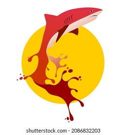 Vector illustration of a red shark with water splashes on yellow circle background. good for logo, sign and symbol design, poster illustration. Pictogram, gestalt. EPS illustration